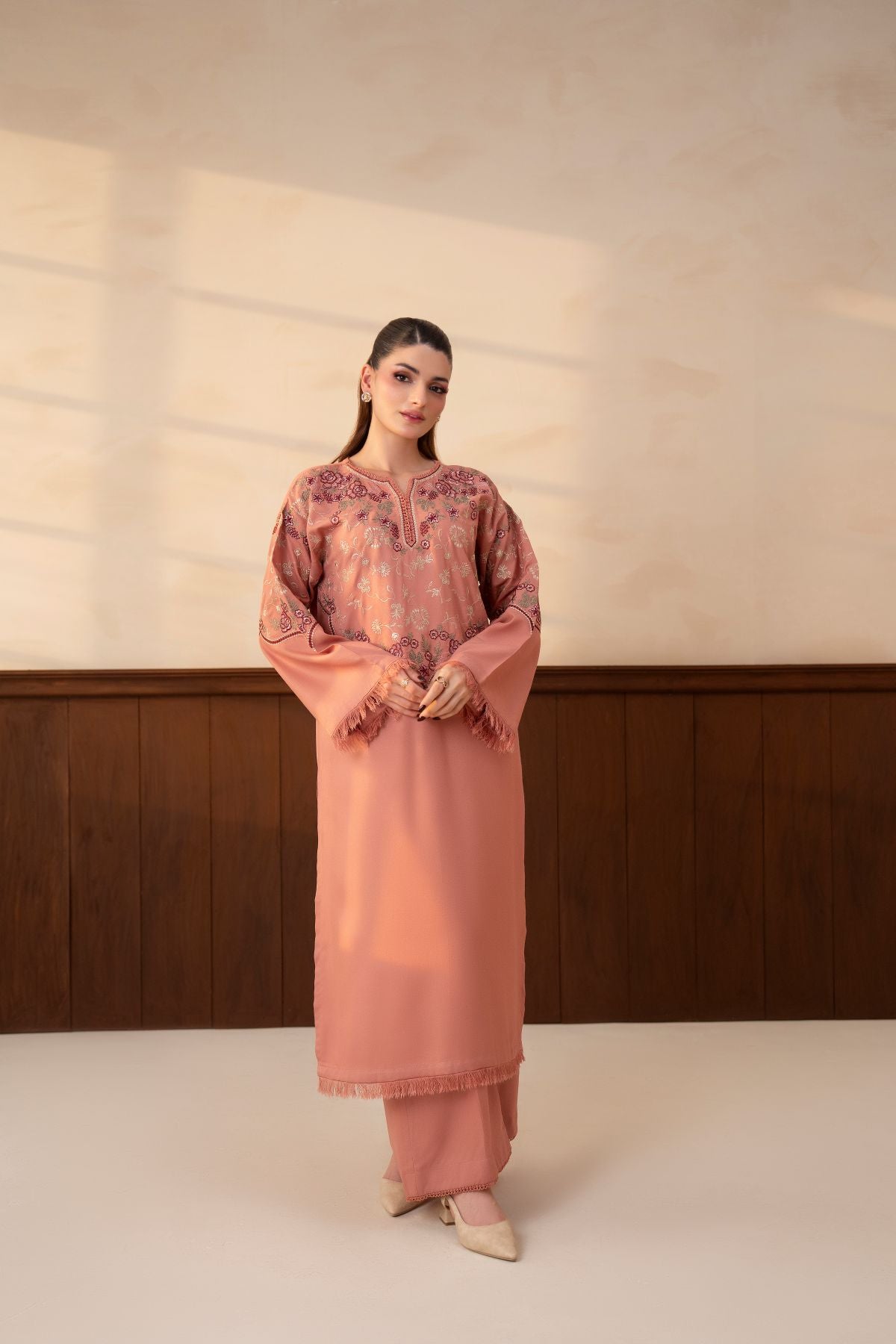 Shafaq pastel peach embroidered karandi 2 piece suit – tonal embroidery on neckline and sleeves