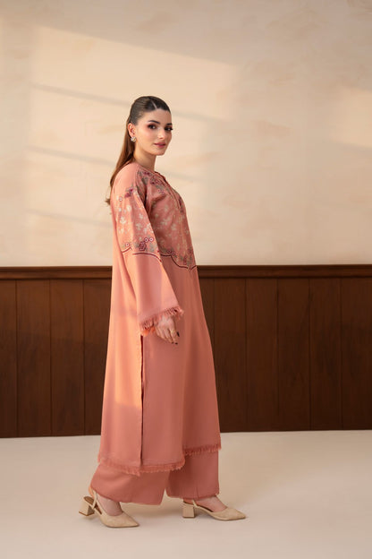 Shafaq pastel peach embroidered karandi 2 piece suit by Lazuli