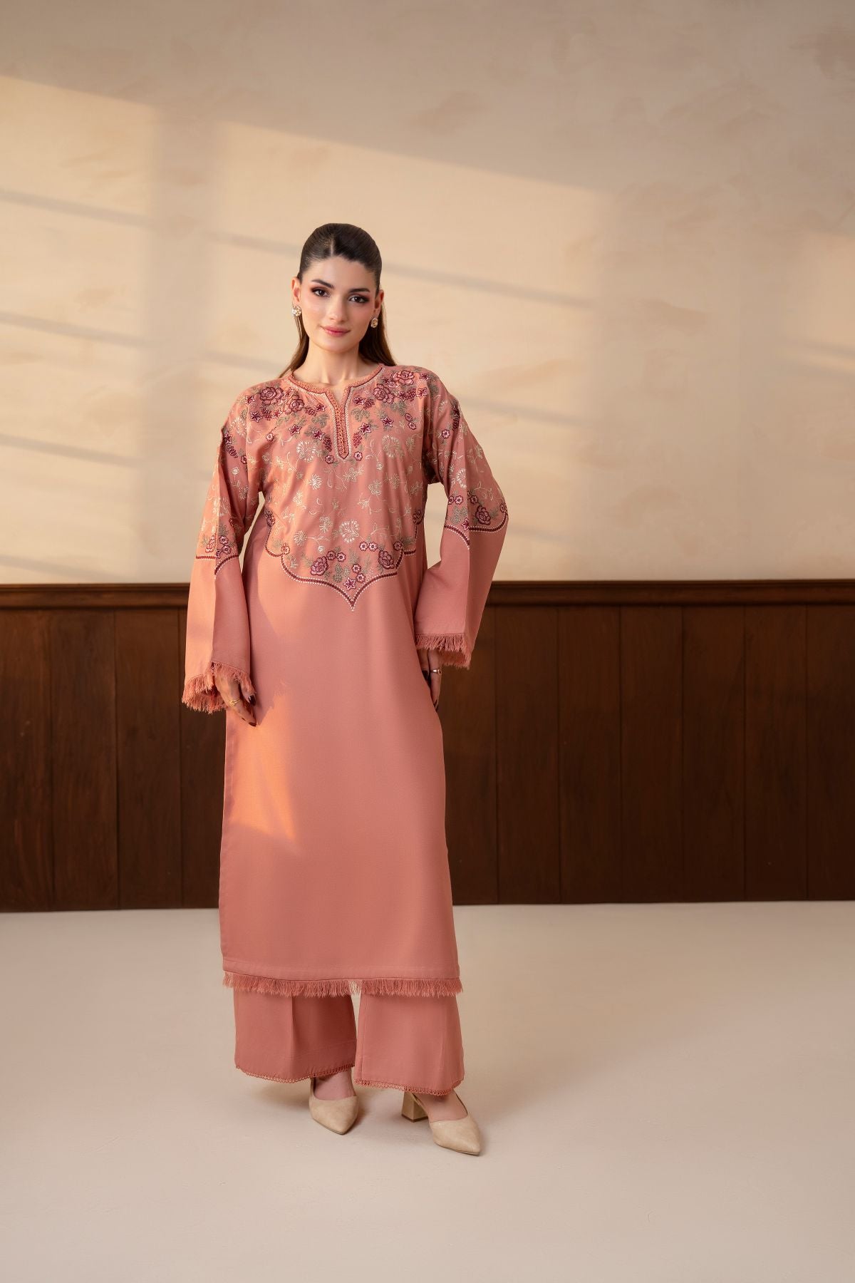 Shafaq pastel peach embroidered karandi 2 piece suit – fray detailing on the shirt