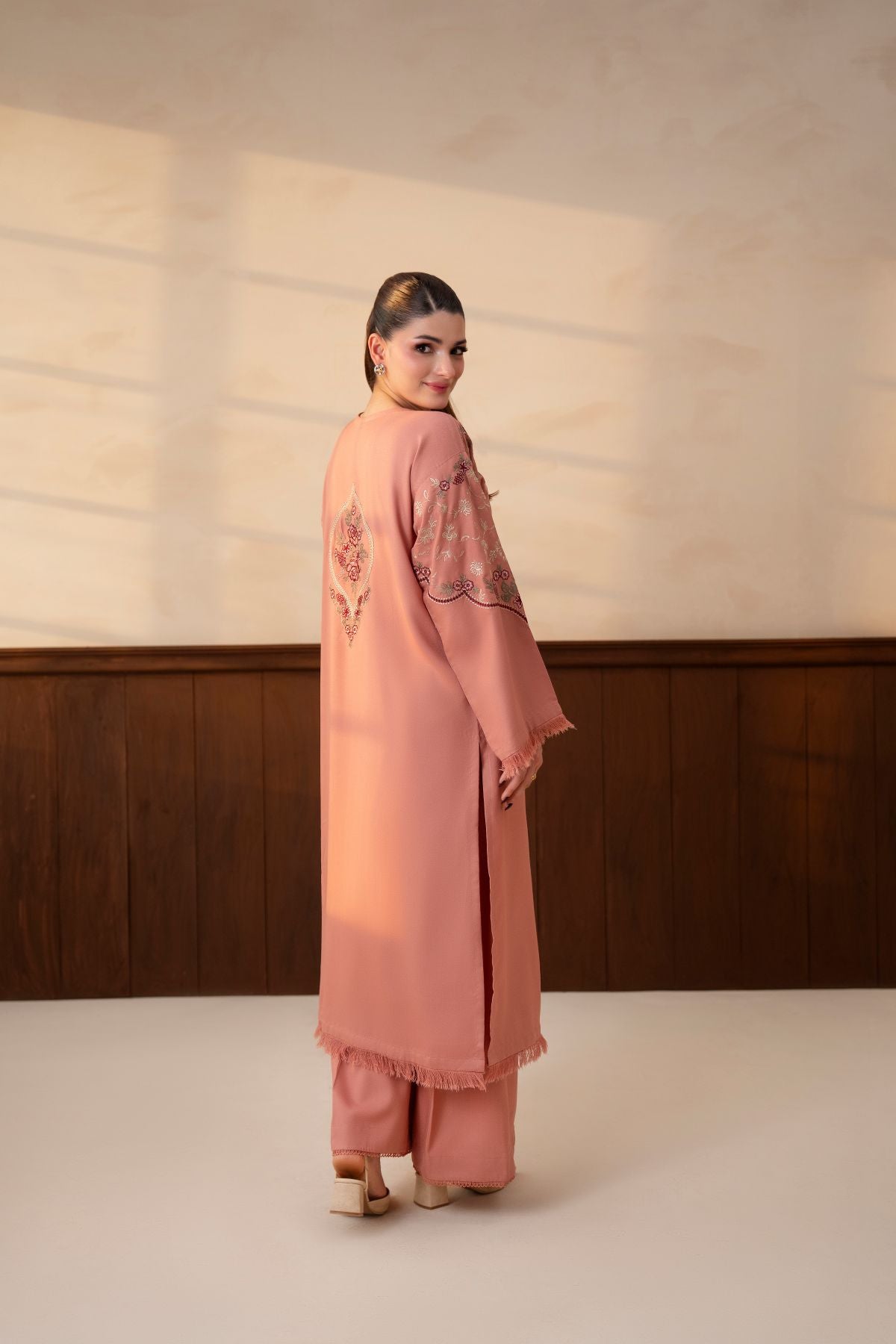 Shafaq pastel peach embroidered karandi 2 piece suit – straight loose trouser with lace detailing