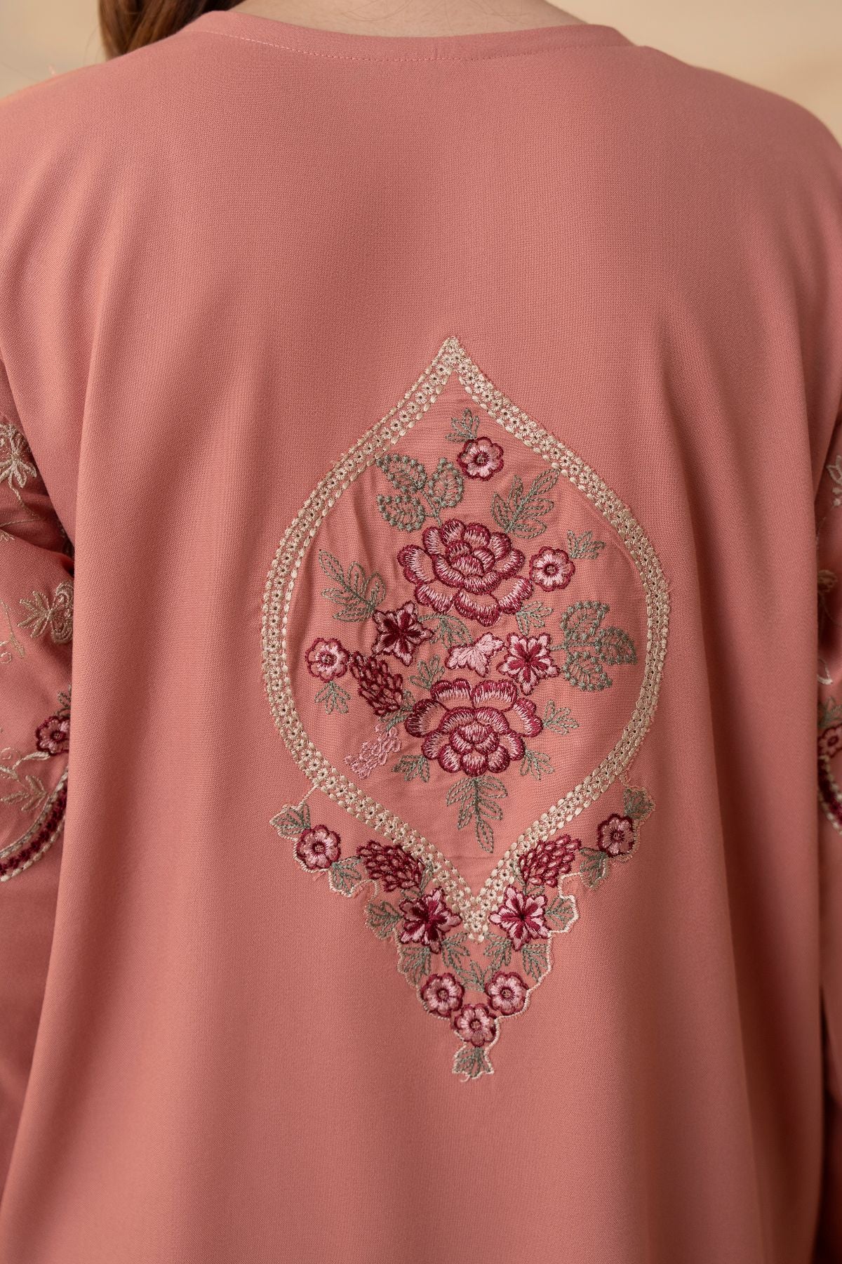 Shafaq pastel peach embroidered karandi 2 piece suit – in Ayudia karandi fabric