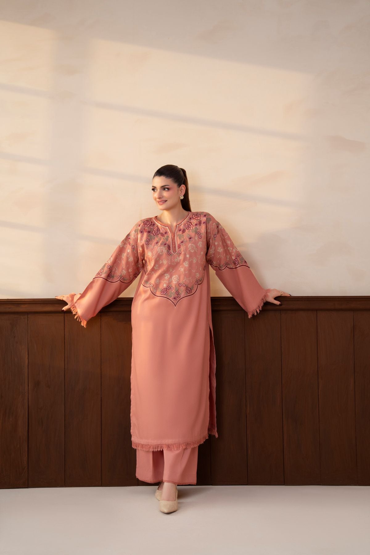 Shafaq pastel peach embroidered karandi 2 piece suit – full look, photo 6