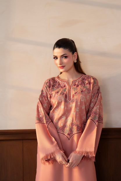 Shafaq pastel peach embroidered karandi 2 piece suit – full look, photo 7