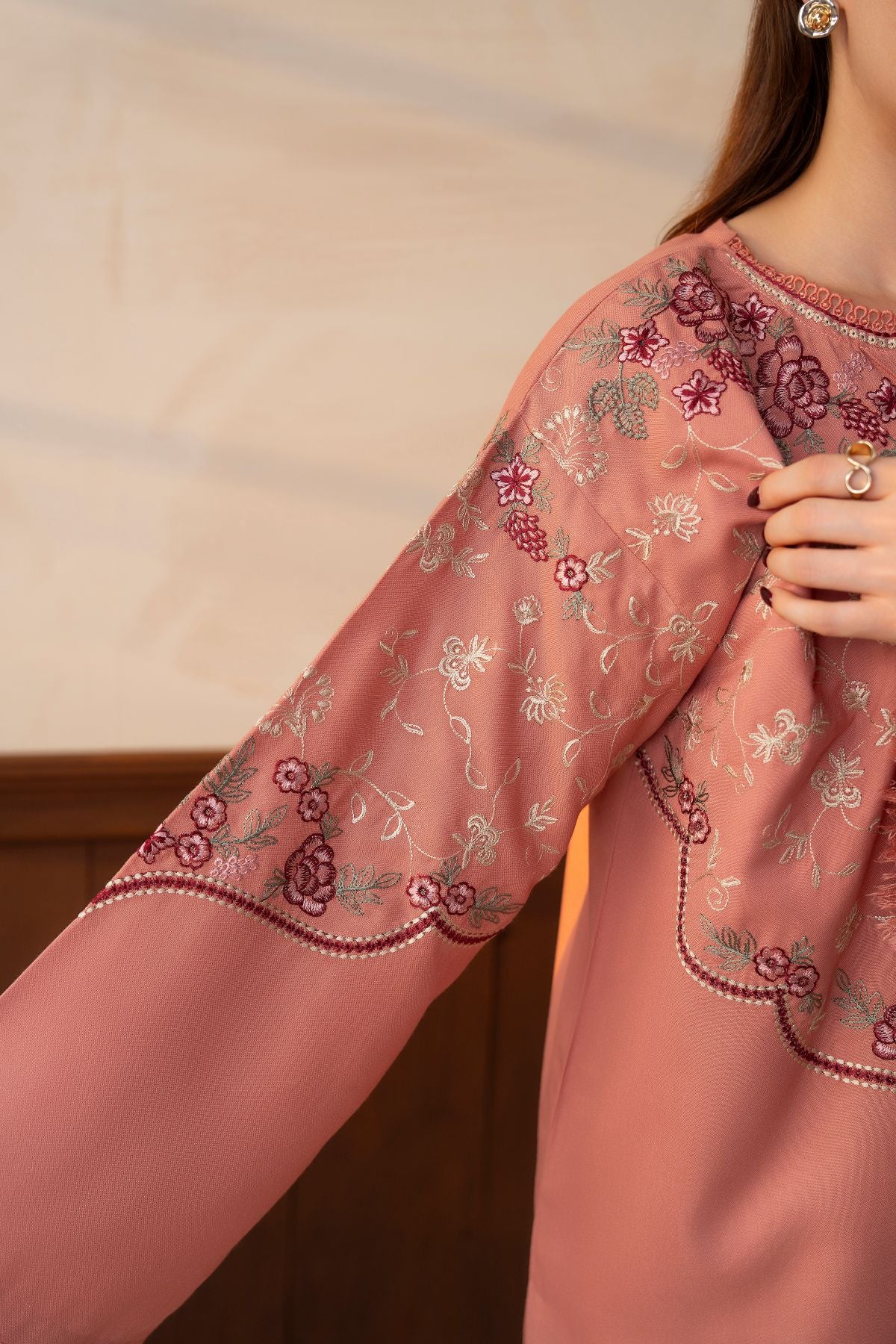 Shafaq pastel peach embroidered karandi 2 piece suit – full look, photo 8