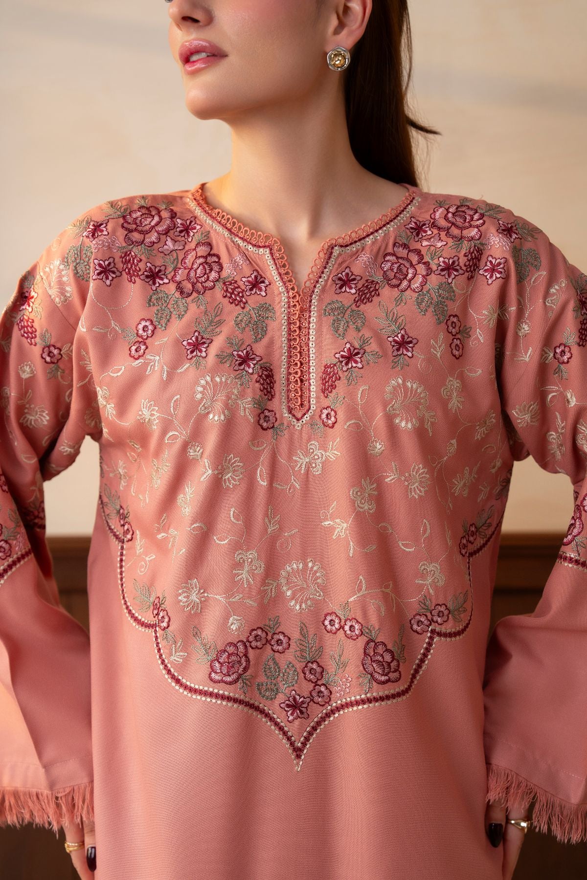 Shafaq pastel peach embroidered karandi 2 piece suit – full look, photo 9